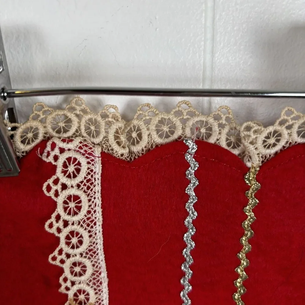 Vintage‎ Wool Felt Victorian Boot Christmas Stocking Red Lace Sewn Bejeweled